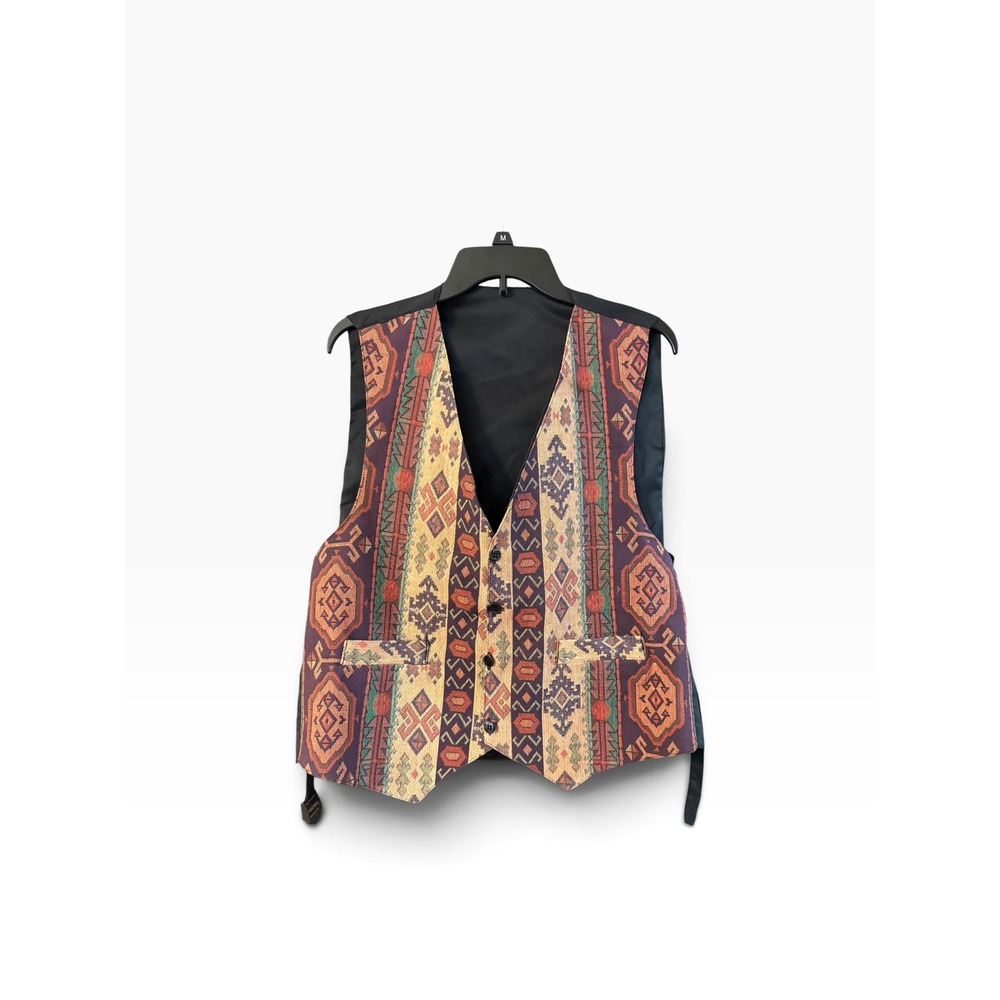 Vintage Southwestern Tapestry Vest Mens XL Geometric Aztec Print Boho Waistcoat